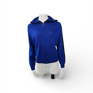 St. John Blue w Black Trim Santana Knit Zip-Up Hooded Cardigan Sz M EUC